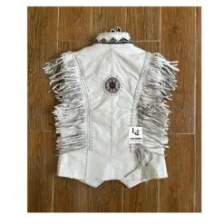 Men's White Fringed Leather Western Vest with Beaded Accents front and back views