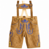 Tan Bavarian lederhosen with royal blue embroidery, adjustable suspenders, decorative front flap, and traditional Alpine detailing.