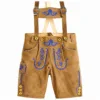 Oktoberfest Style Men's Lederhosen in tan brown genuine leather with royal blue embroidery and suspenders
