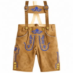 Tan Bavarian lederhosen with royal blue embroidery, adjustable suspenders, decorative front flap, and traditional Alpine detailing.