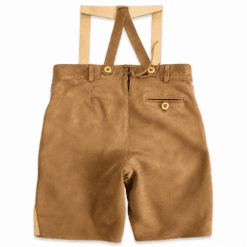 Back view of tan suede Bavarian lederhosen with adjustable suspenders, rear pocket, and traditional leather craftsmanship.