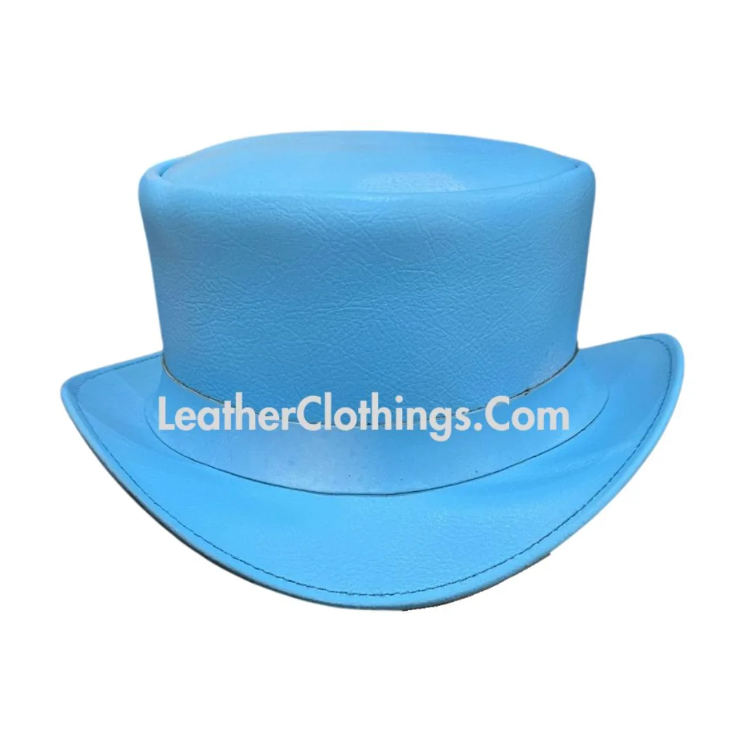 Sky blue leather top hat with simple band and classic handcrafted design