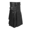 Men’s black leather utility kilt with cargo pockets and adjustable waist straps