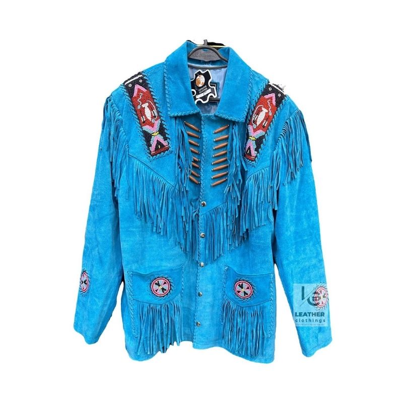 Men Native American Blue Fringes Jacket MSWJ106B