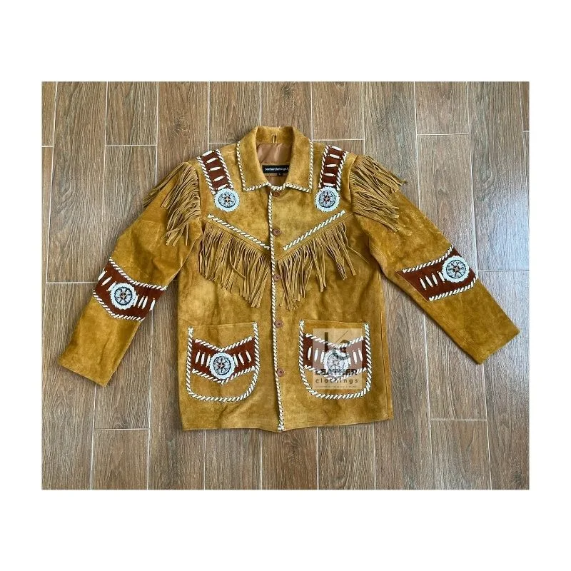 Men’s golden tan suede Western fringe jacket with whipstitch and concho trim