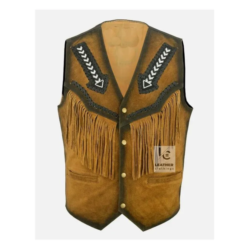 Men’s western leather fringe vest with arrow beadwork and distressed tan finish