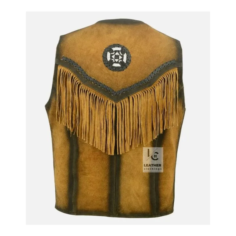 Native American Indian Suede Fringes Vest With Beaded Arrows