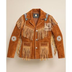 Women Brown Suede Jacket With Fringes and Beads WSJ18B