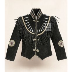 Women’s Black Suede Native American Jacket With Fringes WSJ24 (1)