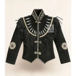 Women’s black suede bone trim fringe jacket with Western decorative sleeve patches