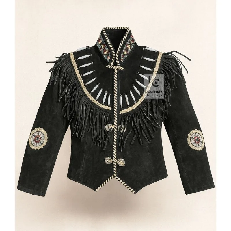 Women’s black suede bone trim fringe jacket with Western decorative sleeve patches