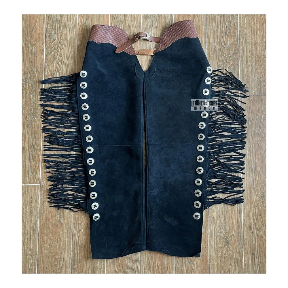 Women’s Cowgirl Rodeo Western Black Suede Fringes Chaps