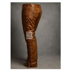 Woman's Brown Leather Pant With Side Laces WSP24D