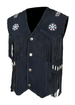 Attractive Cowgirl Black Suede Western Vest with Fringes, Beads & Bones WSUV7