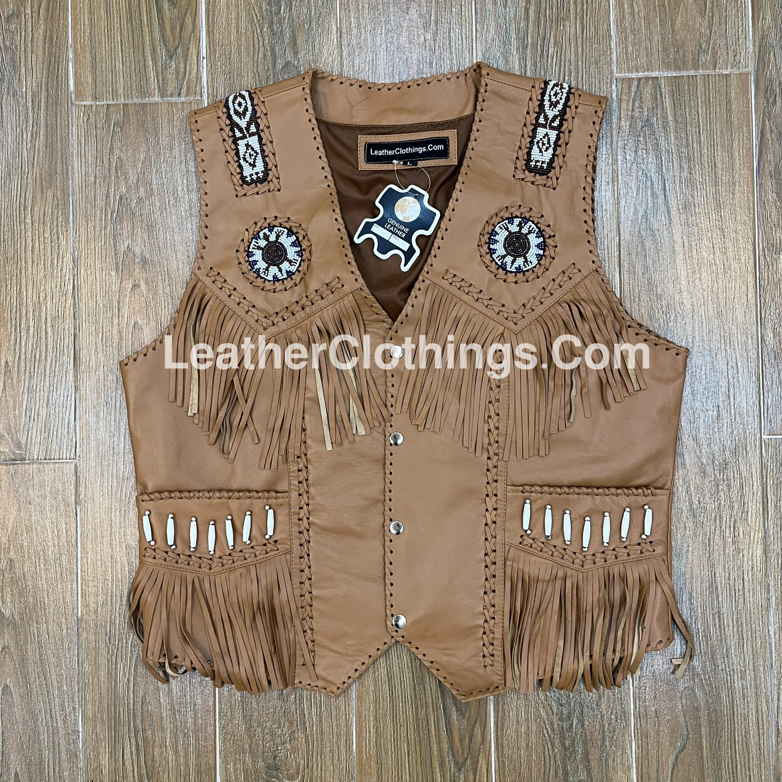 Cowgirl Brown Leather Western Vest American Indian Vest With Fringes Beads Bones WLUV9