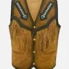 Women’s tan suede cowgirl fringe vest with arrow embroidery detailing