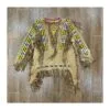 Women’s beige suede western fringe war shirt with yellow and white geometric beadwork
