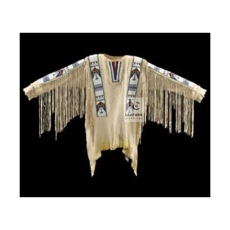 Women's Classic Beaded Suede War Shirt with long sleeve fringe and geometric beadwork