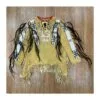 Women's suede war shirt with long hair trim, geometric beaded panels, and hem fringe