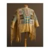 Woman wearing brown suede western fringe shirt with beaded detailing and fringe accents