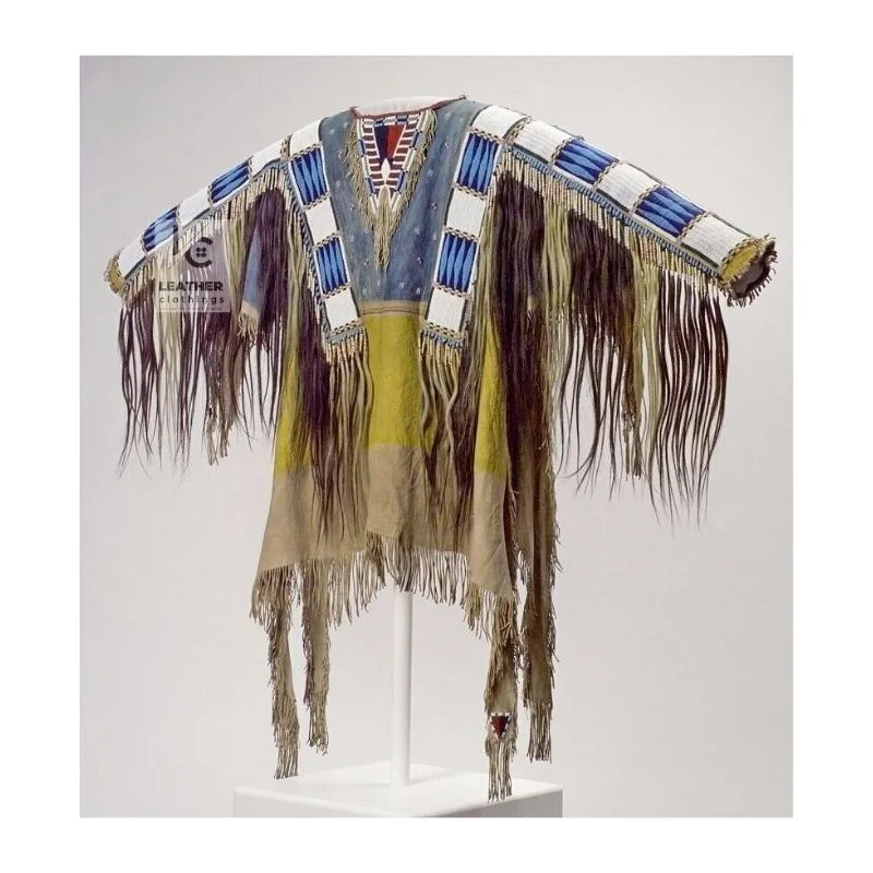 Woman wearing brown suede cowgirl fringe shirt with white and blue beadwork detailing