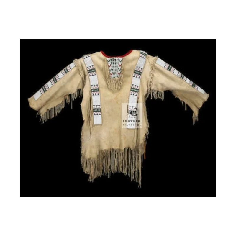 Women's fringed suede war shirt with geometric beadwork and long hem fringe