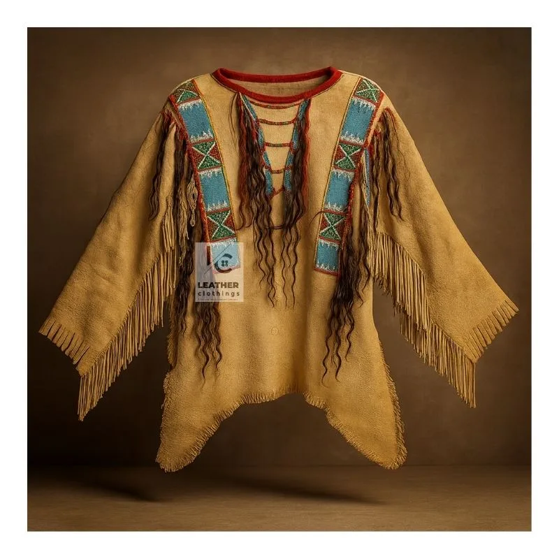 Beaded suede war shirt with long hair tassels, sleeve fringes, and pointed hem design