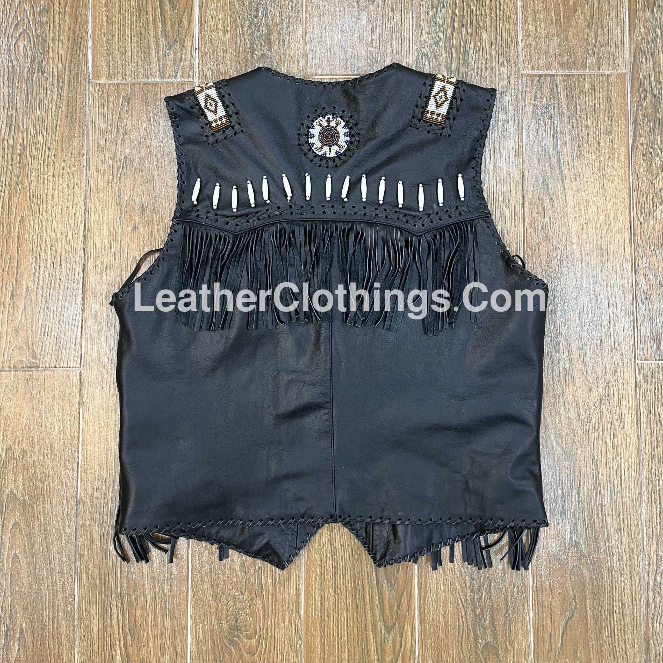Stylish Cowgirl Black Leather Western Vest American Indian Vest With Fringes Beads Bones WLUV8