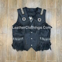 Stylish Cowgirl Black Leather Western Vest American Indian Vest With Fringes Beads Bones WLUV8