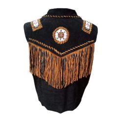 Western Cowgirl Black Suede Vest with Brown Fringes and Bones