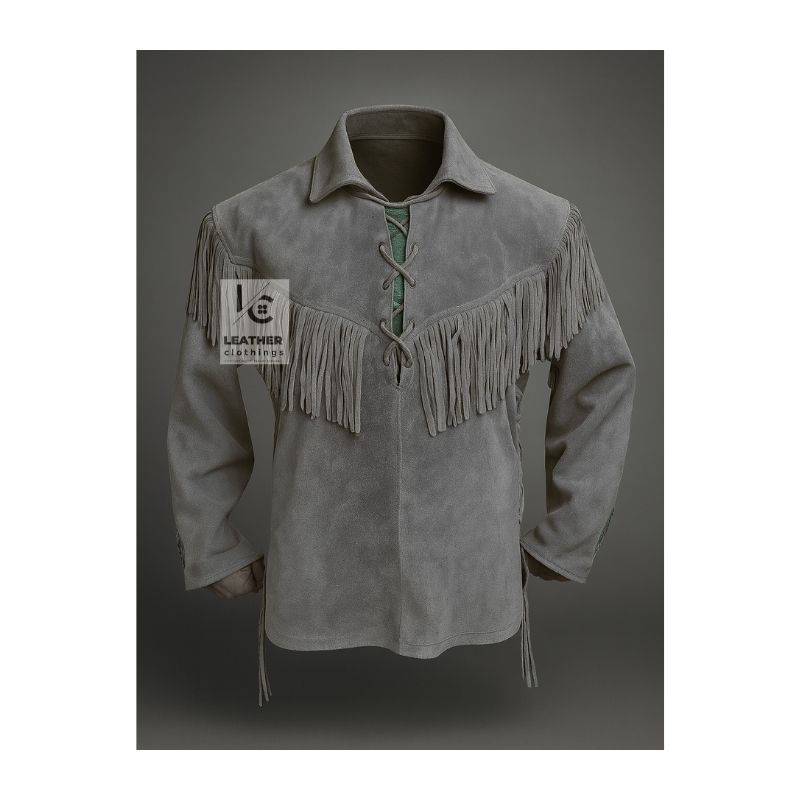 Woman Gray Western Shirt With Fringes and Point Collar