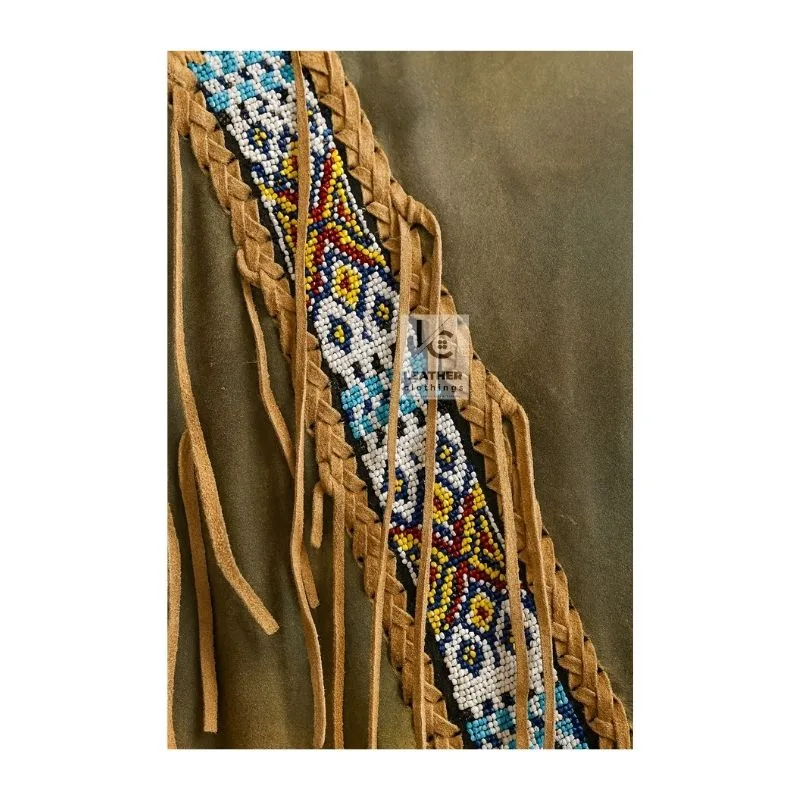 Woman Native American Indian Beaded Shirt Suede Sioux War Shirt WSWS2 Close Up