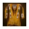 Women's golden suede war shirt with long hair trim, hand-beaded shoulder panels, decorative chest bib and fringe
