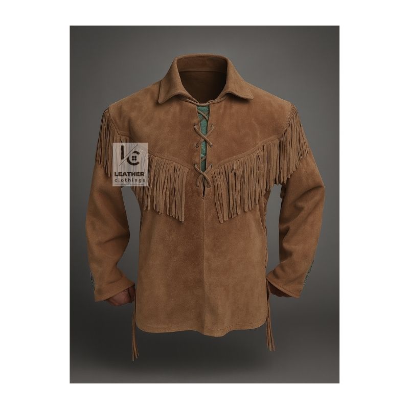 Woman Tan Brown Western Shirt With Fringes and Point Collar