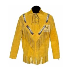 Woman Yellow Suede Shirt with Fringes and Beads