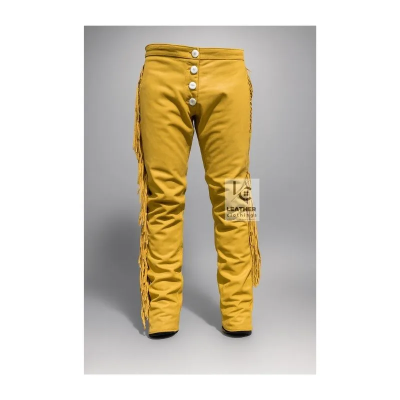 Women’s mustard suede fringe pants with long western side fringe