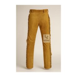 Woman's Brown Suede Leather Western Pant With Beads And Fringes MSP23B Backside