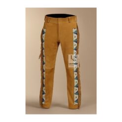 Woman's Brown Suede Leather Western Pant With Beads And Fringes MSP23B