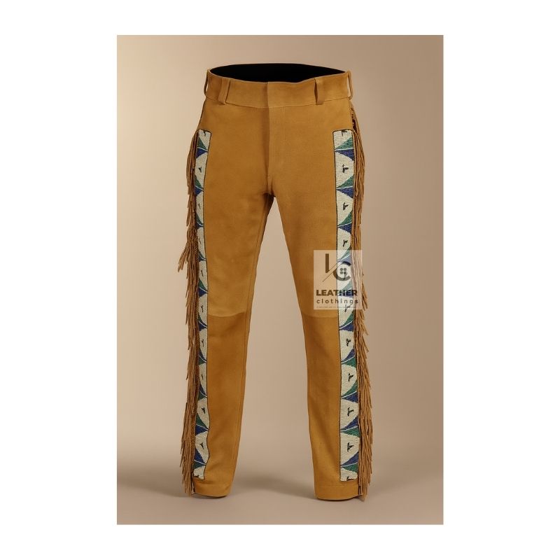 Woman's Brown Suede Leather Western Pant With Beads And Fringes MSP23B