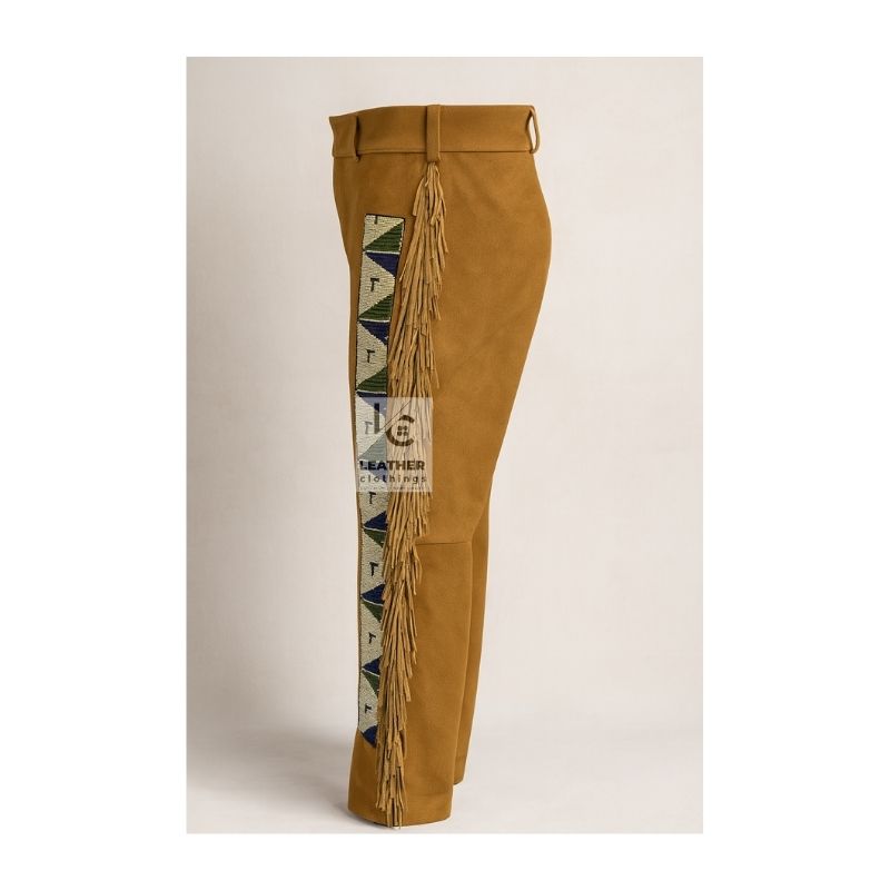 Woman's Brown Suede Leather Western Pant With Beads And Fringes MSP23B Side view
