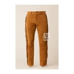 Women’s tan suede western fringe pants with long side fringe