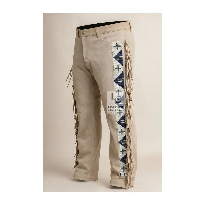 Women’s cream suede beaded fringe pants with geometric western side panels