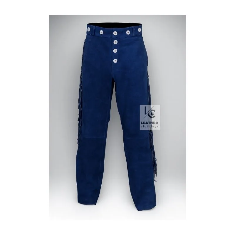 Women’s royal blue suede fringe pants with high button waist and western side fringe