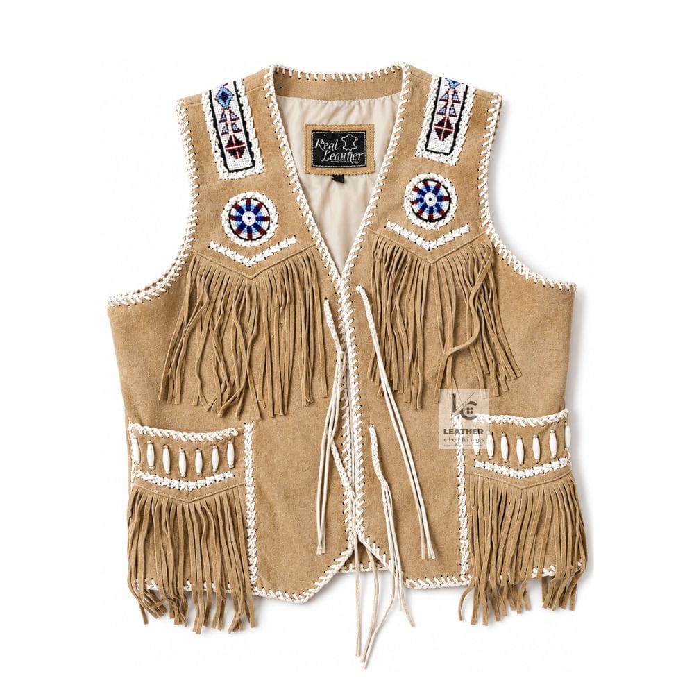 Cowgirl Western Beaded Beige Suede Fringes Vest