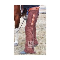 Men’s rusty brown suede rodeo chaps with long fringes and metal concho accents