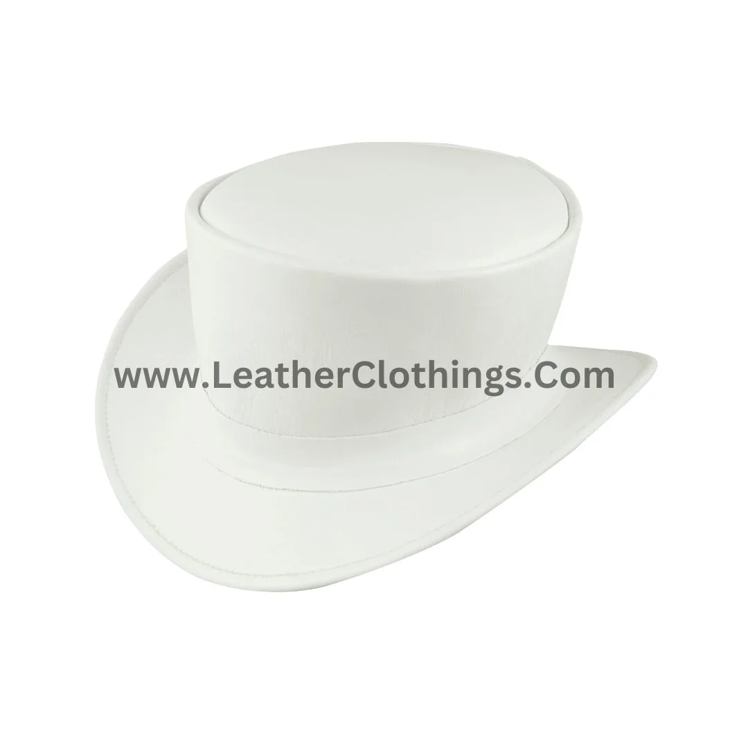 White leather top hat with classic tall crown and clean minimalist band design