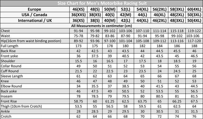 MotoGP Men's Race Suit Size Chart