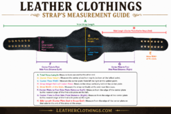 Leather Clothings title belt strap measurement guide showing A to H measurements for total strap length, center plate area, strap width, side plate spacing, and snap-end length.