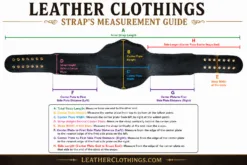 Leather Clothings title belt strap measurement guide showing A to H measurements for total strap length, center plate area, strap width, side plate spacing, and snap-end length.