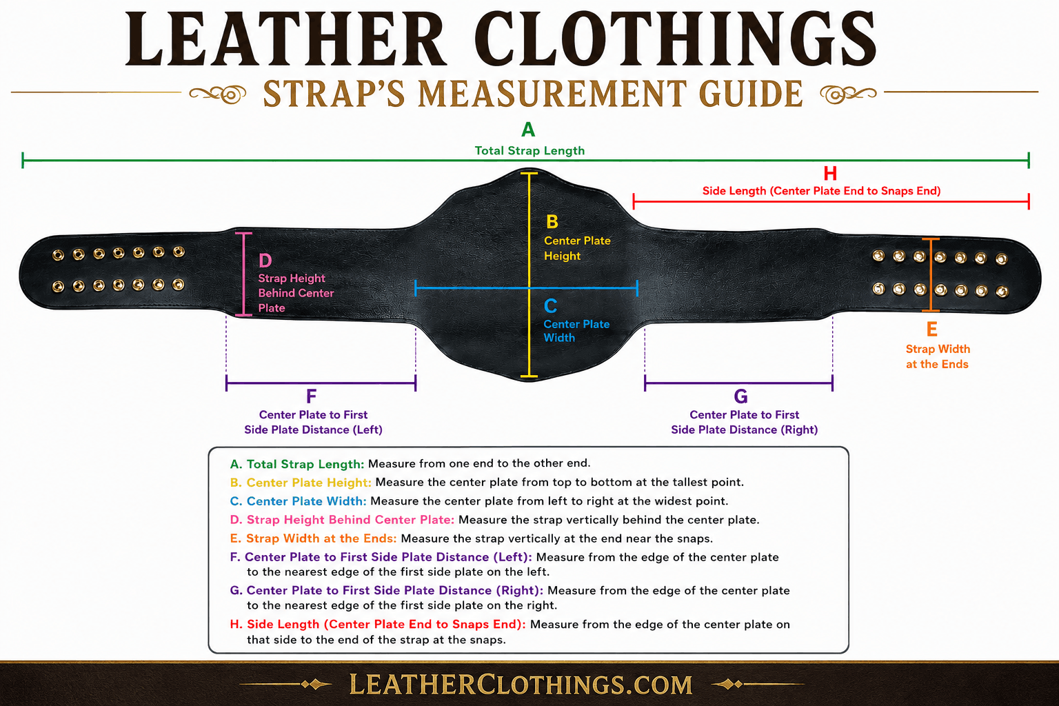 Leather Clothings title belt strap measurement guide showing A to H measurements for total strap length, center plate area, strap width, side plate spacing, and snap-end length.